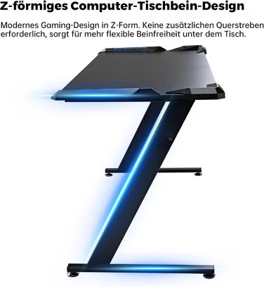 Ергономічний ігровий стіл Eureka 153 60 см, великий ігровий письмовий стіл зі світлодіодним підсвічуванням, ігровий ПК-стіл на карбоновому волокні