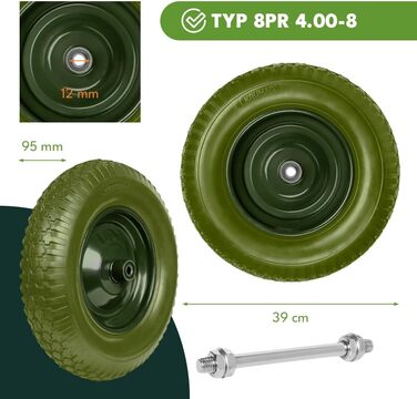 Колесо для тачки KRUMAD PU-піна 4.80/4.00-8, до 180 кг, з віссю, не проколюється, не потребує обслуговування, сталевий диск, подвійний кульковий підшипник, запасне колесо для тачок та візків, захист від проколів, темно-зелений