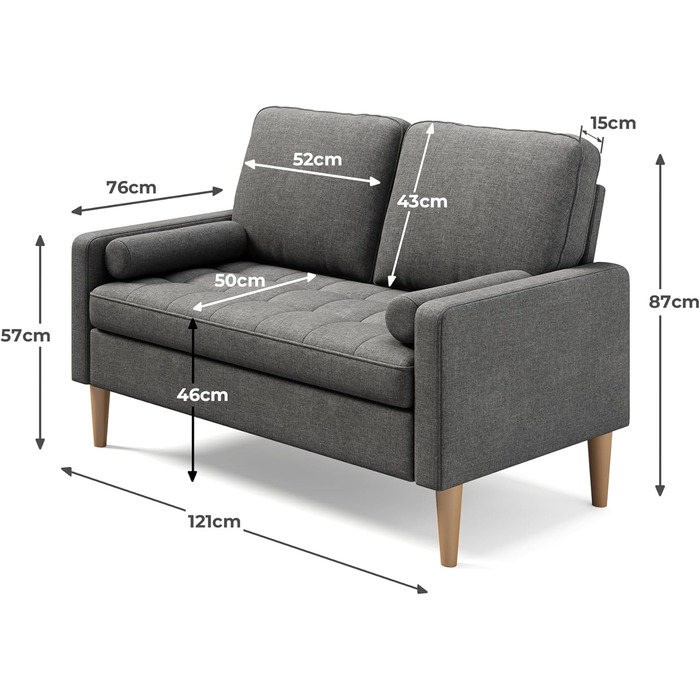 Місний диван, 2-місний диван, маленький диван з 2 декоративними подушками, міні-диван з підлокітниками, для вітальні, спальні, квартири, офісу, 121 x 77 x 87 см, темно-сірий, 2-
