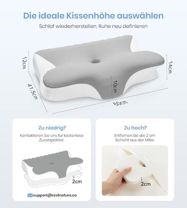 Подушка з піни з ефектом пам&39яті, ортопедична подушка для шиї 2 в 1, ергономічна подушка для підтримки шиї, регульована по висоті подушка для сну на боці, спині та животі, 60x41,5x10/12 см, білого та сірого кольорів