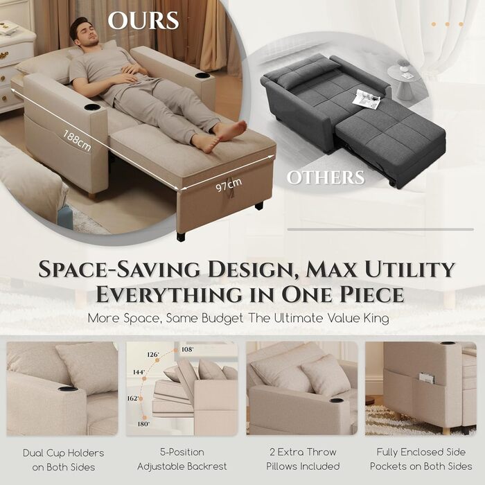 Диван-ліжко YODOLLA 97 см надзвичайно широкий, крісло-ліжко 3-в-1 з функцією ліжка, регульованою спинкою, підстаканниками, крісло-ліжко з місцем для зберігання речей та функцією сну для вітальні, бежевий 97 см надзвичайно широкий, складання за 10 хвилин, 
