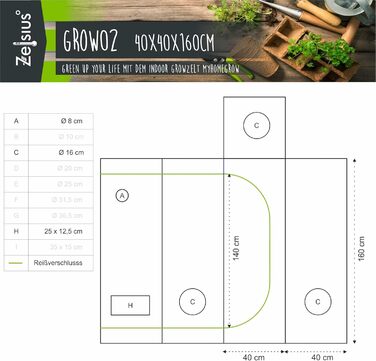 Тент для вирощування Zelsius MyHomeGrow Кімната для вирощування в приміщенні Гроубокс (40 x 40 x 160 см, Сірий) Сірий 40 x 40 x 160 см