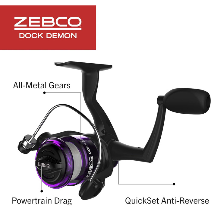 Котушка для спінінгу Zebco Dock Demon або Spincast та вудка, міцне скловолокно 76,2 см, комбінована котушка для спінінгу Quickset Anti-Reverse - фіолетова