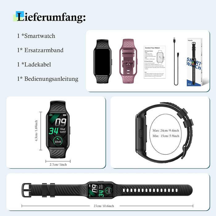 Розумний годинник IOWODO для жінок та чоловіків Кольоровий дисплей 1,47 дюйма Спортивні режими та водонепроникність IP68 Цілодобовий аналіз серцевого ритму та сну Крокомір та трекер активності Підсвічування 2 чорних ремінці для годинника