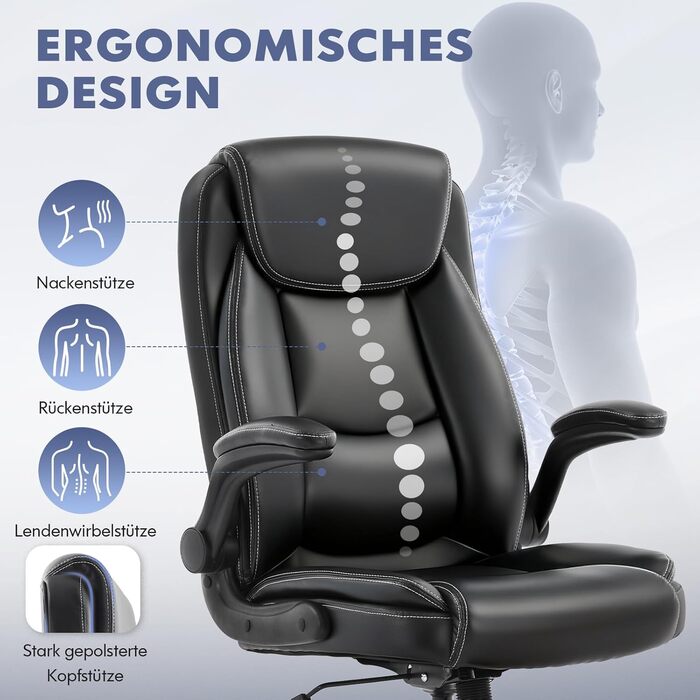 Ергономічне офісне крісло COLAMY, поворотне на 360 крісло для керівника з відкидними підлокітниками, регульована спинка, висота та нахил, чорне