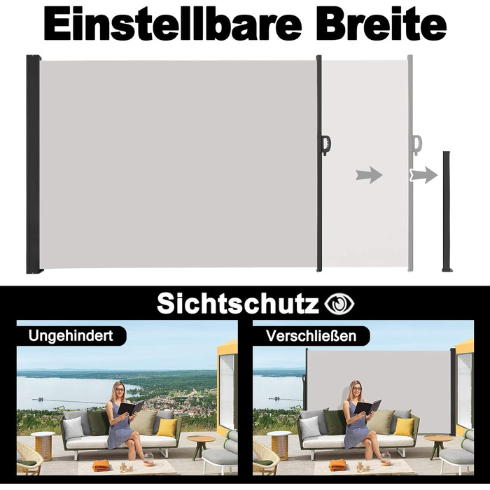 Розсувний бічний тент для балкону, сонцезахисний навіс, екран для забезпечення приватності, водонепроникний та вітронепроникний, виготовлений з поліестеру, для саду, патіо, дитячих майданчиків та кемпінгу (200x600 см, сірий) 200x600 см сірий