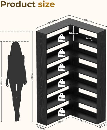 Книжкова полиця IRONCK, 6 ярусів, кутова полиця, висота 180 см, окремостояча дерев&39яна L-подібна відкрита полиця, полиця для зберігання речей для кабінету, офісу, вітальні, спальні (чорна)