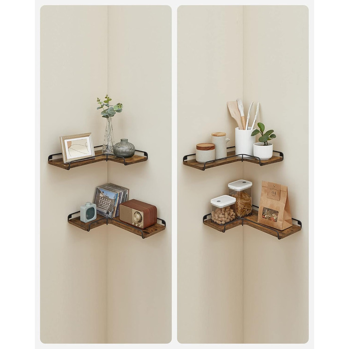 Подібна кутова полиця, комплект з 4 шт. , настінна полиця, промисловий дизайн, для вітальні, спальні, кухні, вінтажний коричнево-чорний LLS832B01 4 предмети Вінтажний коричневий чорний