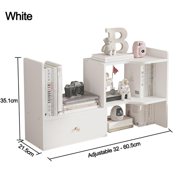 Розсувна настільна книжкова полиця, окремостояча, регульована, офісна полиця для зберігання речей, органайзер для столу, настільна книжкова полиця для офісу та дому (біла)