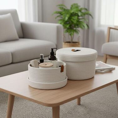 Кошики для зберігання з кришками, плетені кошики з бавовняних ниток з ручками, декоративні кошики, що миються, багатофункціональний органайзер для полиць, вітальня та ванна кімната (білий), 2