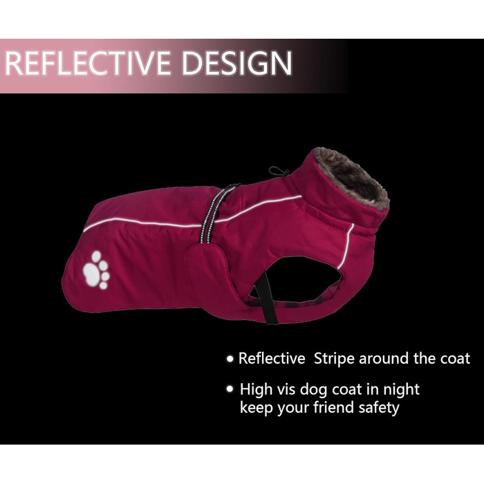 Куртка для собак MOREZI, вітрозахисна та водонепроникна, зі світловідбиваючими смужками та регульованим шнурком, вовняна підкладка, тепла та зручна - рожева - XS (довжина по спинці 46,8 см)
