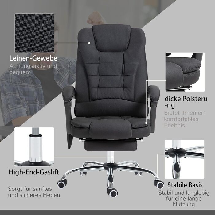 Офісне крісло Vinsetto з функцією масажу, ергономічне робоче крісло з функцією відкидання та підігріву, підставка для ніг, комп&39ютерне крісло з регульованою висотою, бічною кишенею та пультом дистанційного керування, чорна тканина з ефектом оксамиту та 