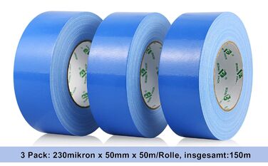 Рулони синьої клейкої стрічки - Водонепроникна клейка стрічка для внутрішнього та зовнішнього використання - Тканинна стрічка 50 м x 50 мм (Синя), 3
