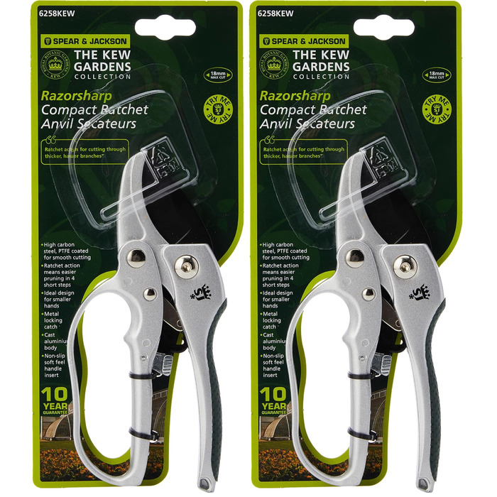Компактні секатори Spear & Jackson 6258KEW з колекції Kew Gardens з тріскачкою та ковадлом (упаковка з 2 шт.), сріблясті, 18x3,5x1,5 см (упаковка з 2 шт.)
