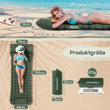 Килимок для сну HAUSPROFI, надлегкий надувний матрац для кемпінгу з ножним насосом та подушкою, надувний матрац, компактний та легкий, килимок для кемпінгу для походів, пляжу, використання на свіжому повітрі, армійський зелений