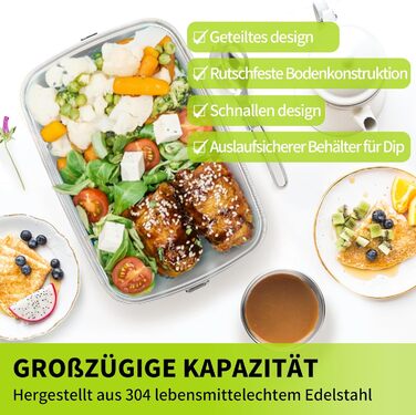 Ланчбокс iDattel з нержавіючої сталі, 2000 мл герметичний контейнер для обіду з роздільниками та силіконовою прокладкою, без BPA. Ідеально підходить для пікніків, школи, роботи. Металевий ланчбокс з текстильним чохлом для дорослих та дітей.