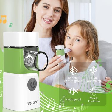 Інгалятор FEELLIFE Kids, Інгалятор для дорослих, Інгалятор Kids Quieter, Інгалятор небулайзер для дітей дорослих Baby Ефективний при респіраторних захворюваннях Портативний з 2 чашками для ліків Зелений