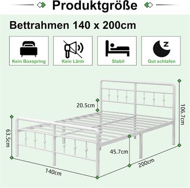 Металеве ліжко EMODA 140 x 200 см з узголів&39ям та узніжжям, каркас ліжка заввишки 46 см, міцний каркас ліжка, легке складання, безшумне, біле DE 140 x 200 см Біле