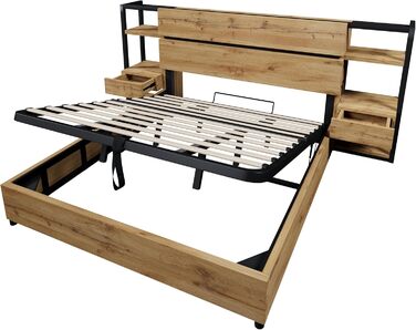 Двоспальне ліжко 180x200 з тумбочкою, узголів&39ям для зберігання речей з шухлядами та функцією зарядки USB Type-C, гідравлічне ліжко для зберігання речей, дерев&39яний каркас ліжка, дитяче ліжко, доросле ліжко, без матраца, дуб, без матраца 180x200 см