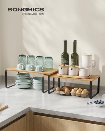 Стійка для спецій, Набір з 2 кухонних органайзерів, Кухонна полиця, Організатор для шафи, Розширювана, Мала полиця, Штабелюється, Металевий та Дерев&39яний Композит, Чорнило Чорний-Натуральний Бежевий KCS200B01 39,7 см Чорнило Чорний Натуральний Бежевий