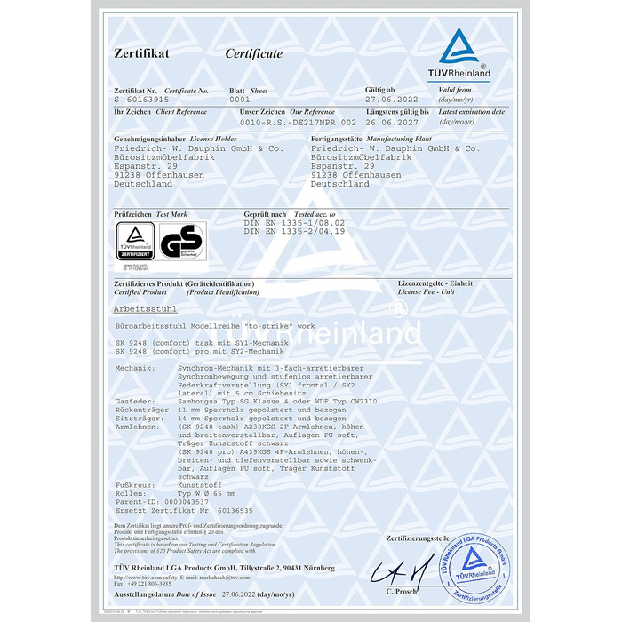 Переможець тесту Stiftung Warentest, ергономічне офісне крісло з 4D-підлокітниками, регульованою по висоті спинкою, від Dauphin (чорне), 9248