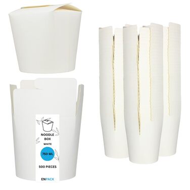Коробки для локшини Enpack білого кольору, 750 мл/26 унцій, виготовлені з міцного крафт-паперу, 500 штук - Штабелювані, багаторазово закриваються, екологічні азійські коробки для транспортування азійської локшини та інших страв на винос. Білий колір, 26 у