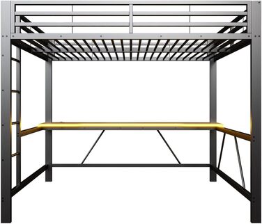 Каркас ігрового ліжка-горища з письмовим столом та світлодіодним підсвічуванням, USB-станція для зарядки, металевий каркас 160x200 см, чорний