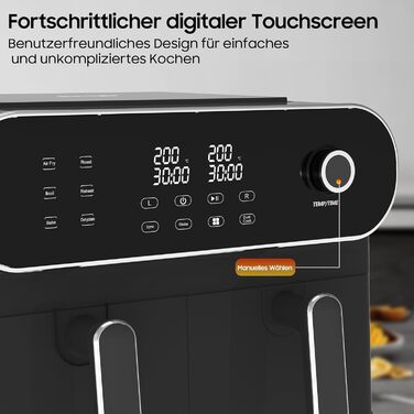 Двокамерна фритюрниця iceagle 11 л - XXL фритюрниця з 2 відділеннями Двозонна фритюрниця, 6 функцій приготування, сенсорний екран, книга рецептів, здорові страви для великої родини Подвійний кошик 11 л