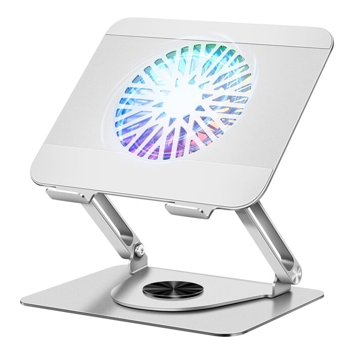 Підставка для ноутбука iCare з магнітним RGB-кулером, поворотна на 360, витримує до 10 кг, надтиха (18 дБ), сумісна з ноутбуками та планшетами до 16 дюймів, срібляста з RGB-підсвічуванням