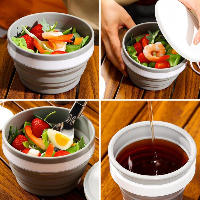 Набір посуду для кемпінгу Odoland, що включає складну силіконову миску та дорожню кружку з кришкою, ложку для салату з нержавіючої сталі для походів, активного відпочинку, кемпінгу, піших прогулянок та пікніків