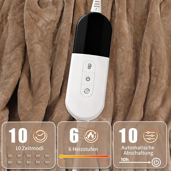 Ковдра з підігрівом 180x130 см, Ковдра з підігрівом та автоматичним вимкненням, 6 налаштувань нагріву, 10-годинний таймер, захист від перегріву, м&39яка фланель та шерпа, можна прати в пральній машині, Ковдра з підігрівом для дивана, ліжка, офісу, бежевий