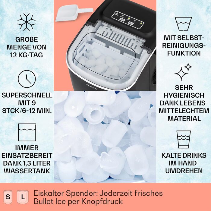 Машина для кубиків льоду Klarstein для домашнього кемпінгу Gastro, швидка міні-машина для кубиків льоду маленька, професійна льодогенератор для великих і маленьких кубиків льоду, самоочищення, резервуар для води 1,3 л, 12 кг льоду за 24 години чорний