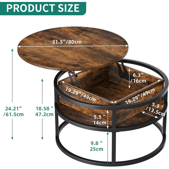 Круглий журнальний столик з підйомною стільницею, стіл для вітальні з прихованим відділенням для зберігання, круглий бічний столик з місцем для зберігання для домашнього офісу, круглий центральний стіл для вітальні 80x80x47 см коричневого кольору