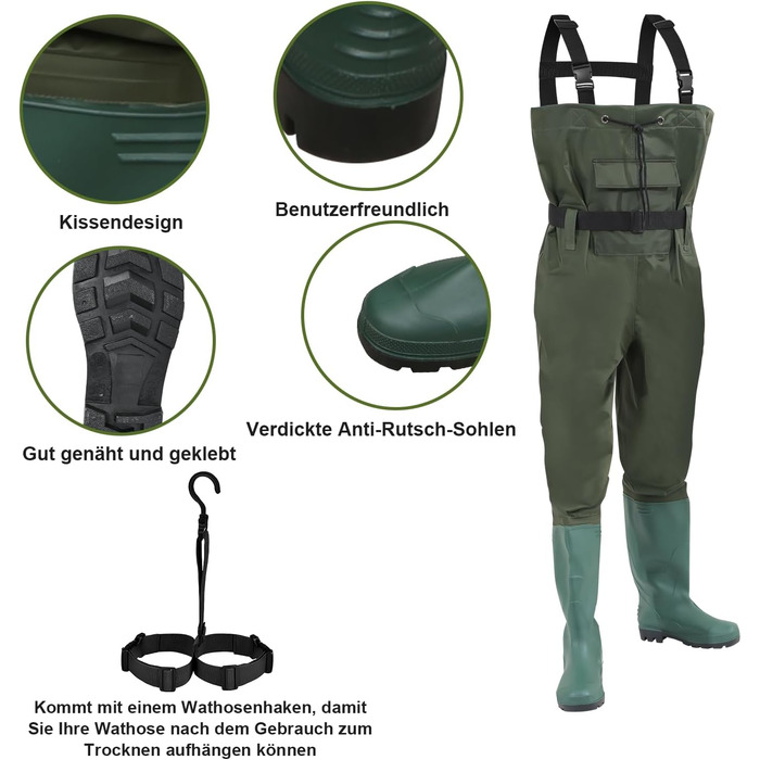 Водонепроникні нейлонові ПВХ вейдерси для риболовлі, з нековзними гумовими чобітьми, підходять для високої води, риболовлі, полювання, миття автомобілів та садівництва (розмір 44) та гачками.