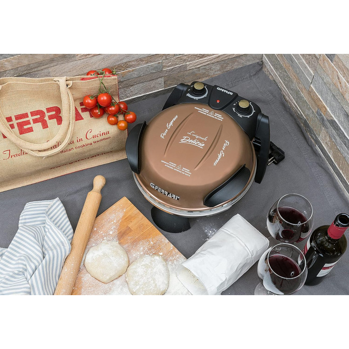 Піца Зовнішнє задоволення, Піч для піци, 1200 Вт, 400C, Скельна вогнетривка (діаметр 31 см), Таймер 5', Кулінарна книга в комплекті, Мідь, 3 Ferrari G10006