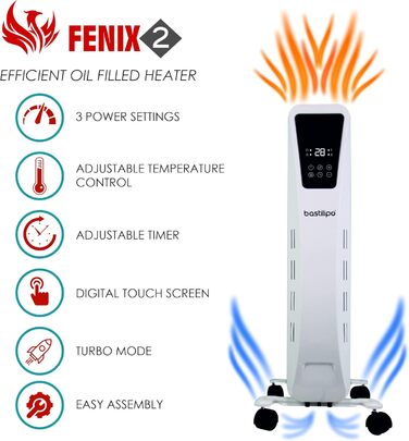 Масляний радіатор - Потужність 2500 Вт - Сенсорний світлодіодний екран - 3 рівні потужності - Ефект димоходу - 11 елементів, білий, 2-2500 -