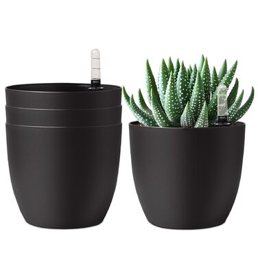 Квітковий горщик 15 см з самополивом та індикатором води, чорний, набір з 4 шт. , Самополивний кашпо/горщик з резервуаром для води для використання в приміщенні та на вулиці, чорний, 15,5*13 см, 4U