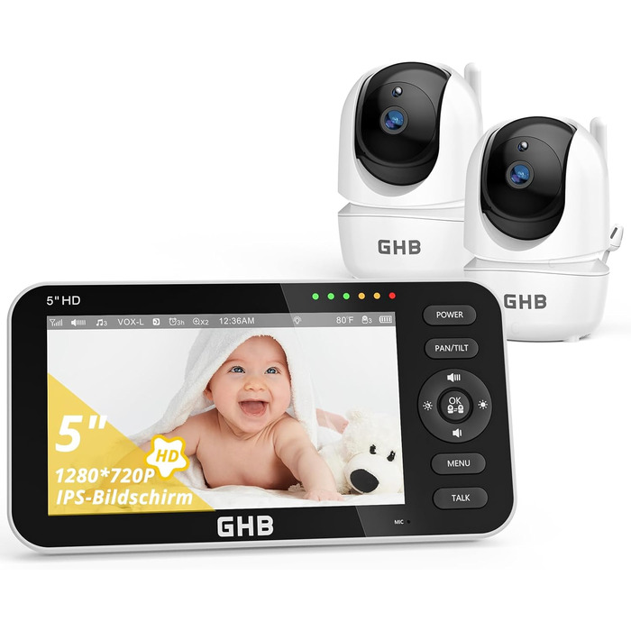 Радіоняня з 2 камерами 5-дюймовий 720P HD IPS-дисплей Камера радіоняні Режим VOX Двостороння розмова Нічне бачення Дисплей темпера