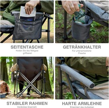 Складаний кемпінговий стілець EVER ADVANCED, вантажопідйомність 230 кг, XL-розмір, ширина сидіння 62 см з бічною кишенею та тримачем для напоїв, великий складний стілець, рибальський стілець для кемпінгу, використання на вулиці, балкон, сад, сірий