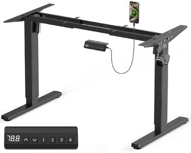 Електрична рама столу з регулюванням висоти з 2 потужними двигунами, регульована по висоті підставка з портом USB-C, функцією пам&39яті, 2 гачки, чорний колір