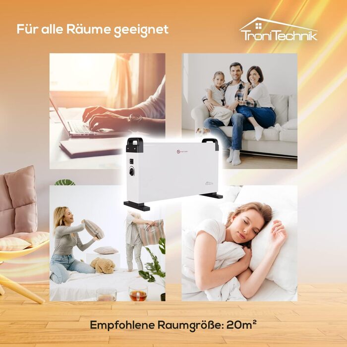 Електричний конвектор-радіатор Tronitechnik з 3 рівнями потужності 750/1250/2000 Вт, портативний з ручкою для перенесення та термостатом, захист від перегріву, окремостоячий, білий KH-101 2 кВт