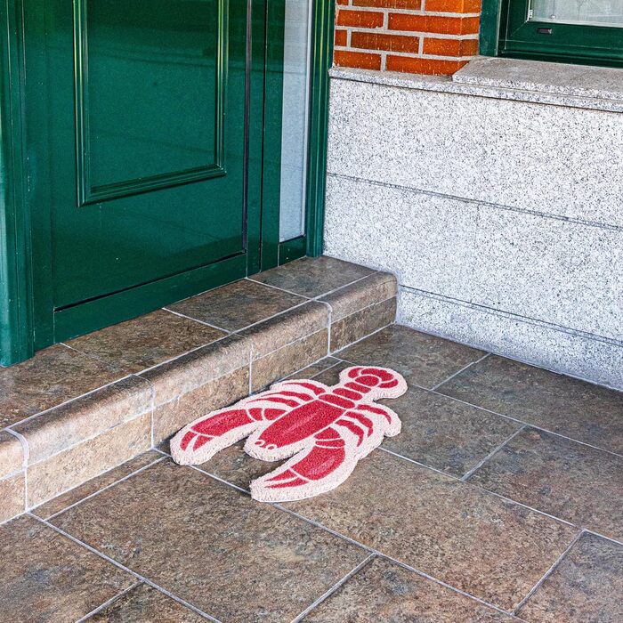 Килимок для вулиці з малюнком лобстера, виготовлений зі шкаралупи кокосового горіха з нековзною ПВХ-основою. Веселий килимок для вітального прийому. Ручний розпис. Розмір 70 см x 40 см. Червоний лобстер, червоний