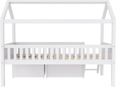 Дитяче ліжко 90x200 см із захистом від падіння, дитяче ліжко-будиночок з шухлядами та відділеннями для зберігання, міцне дерев&39яне ліжко-будиночок на дереві з рейковою основою, ігрове ліжко-будиночок з соснової деревини для хлопчиків та дівчаток, біле з