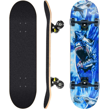 Повний скейтборд Blau-Shark 78.7 x 20.3 см - 8-шарова дека з клена, ABEC-11 підшипники, блискучі PU колеса, для дітей, підлітків та дорослих, блакитний акула дизайн
