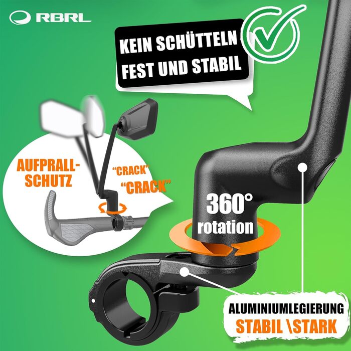 Дзеркало заднього виду для велосипеда RBRL зі справжнім склом ProVision, тримач дзеркала з алюмінієвого сплаву, ударостійке та міцне, поворотне на 360 та складне, для електровелосипедів, електросамокатів (ліве)