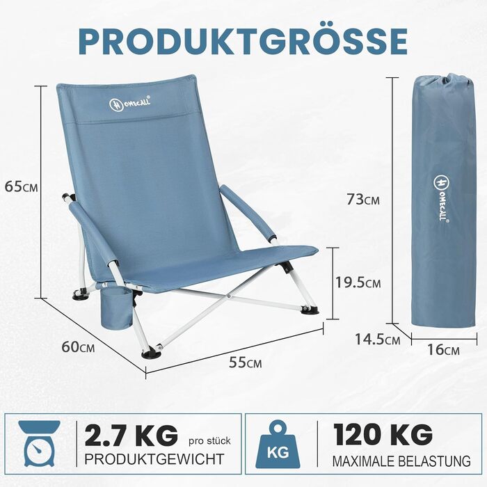 Складане пляжне крісло Homecall, легке складне пляжне кемпінгове крісло, низька висота зі зручною спинкою та м&39якими підлокітниками - складні пляжні крісла, витримує до 120 кг, 1 крісло