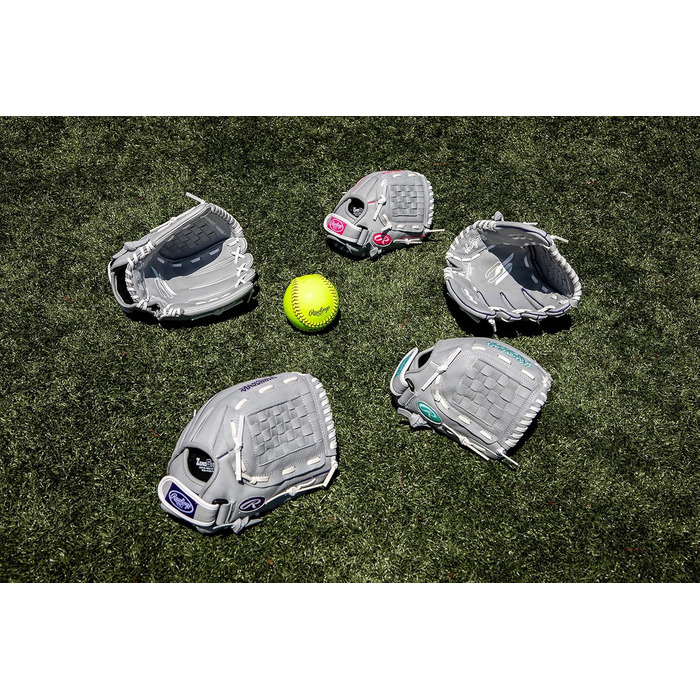 Дитяча софтбольна рукавичка Rawlings Girls&39 Sure Catch Розміри 10-12,5 дюймів Різні стилі, сіра/фіолетова, 12,5 дюймів, для правшів