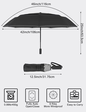 Парасолька Stormproof, Вітрозахисна парасолька Автоматична парасолька, ідеальна для чоловіків і жінок, Складна парасолька Stormproof з подвійним навісом для дощу, Парасолька з автоматичним закриттям Black