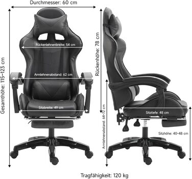 Ергономічне ігрове крісло, офісне крісло з регульованою висотою та функцією відкидання (чорне)