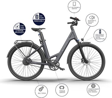 Електричний велосипед ADO E-Bike Air 28, педальний ремінний привід, 28 дюймів, 1 передача, задній двигун, акумулятор 345.00 Вт-год, ebike для жінок/чоловіків, безщітковий двигун 36 В 250 Вт, сірий